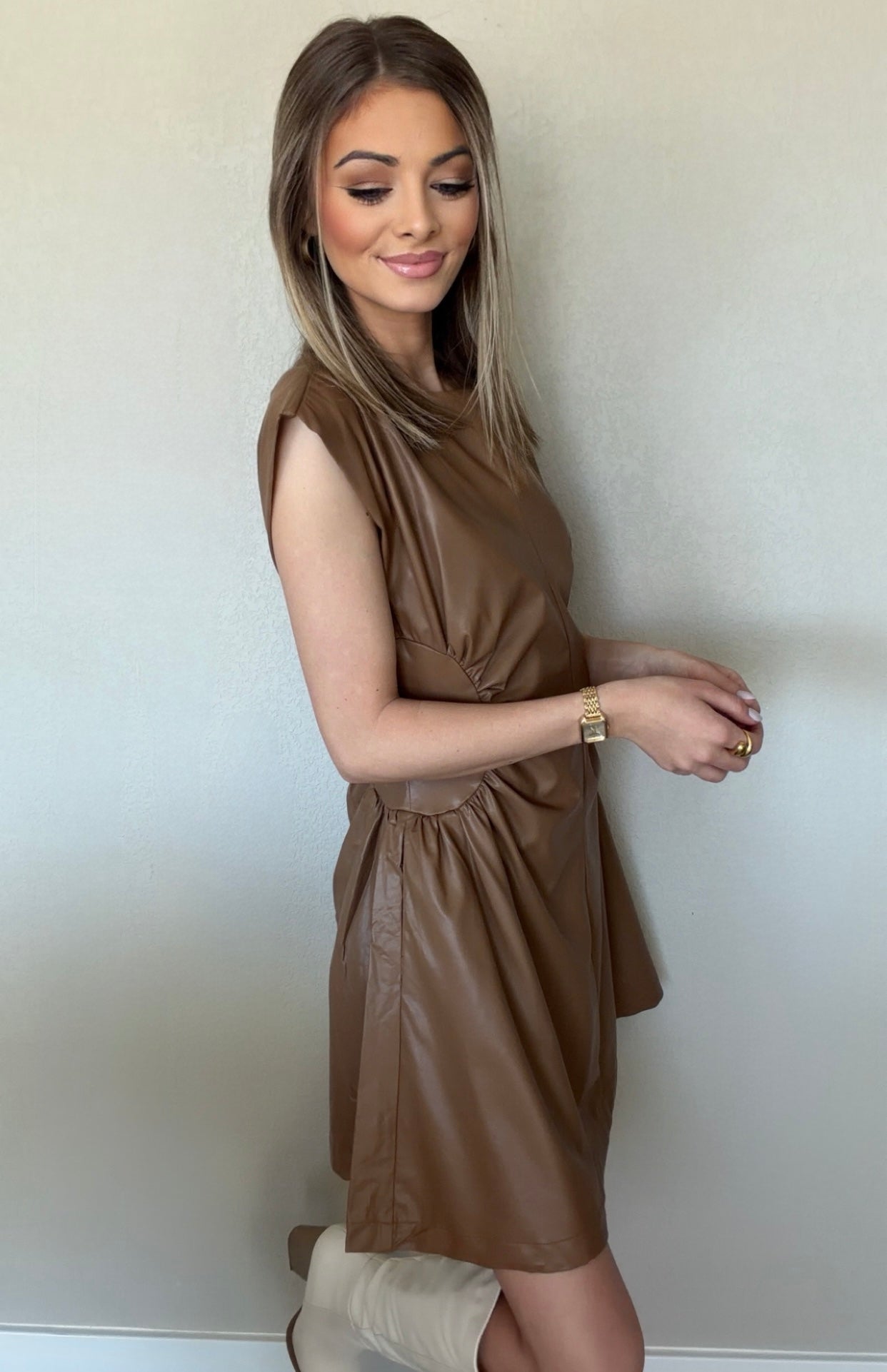 Mocha Muse Faux Leather Mini Dress