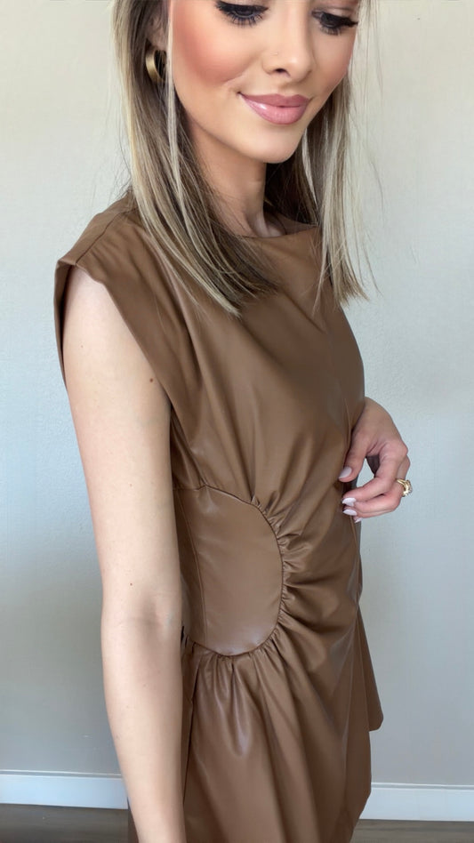 Mocha Muse Faux Leather Mini Dress