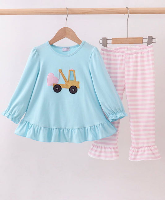 Blue Truck Heart Appliqué Ruffle Pants Set